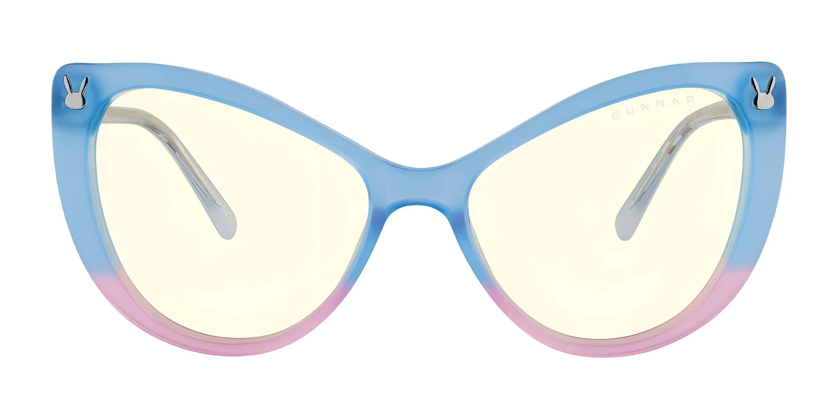 The Gunnar Overwatch DVa Tokki Edition glasses, size 54, feature a blue to pink gradient cat-eye frame with yellow-tinted lenses and GUNNAR technology for optimal vision.