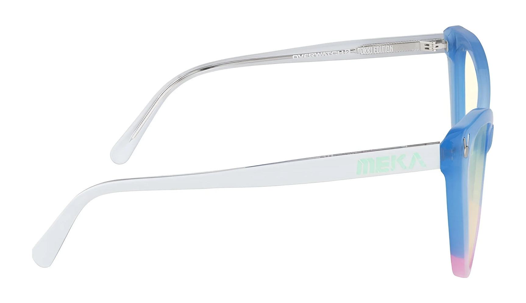 Blue and pink gradient Gunnar Overwatch DVa Tokki Edition Computer Glasses, featuring white arms and size 54, echo a vibrant style when laid on their side.