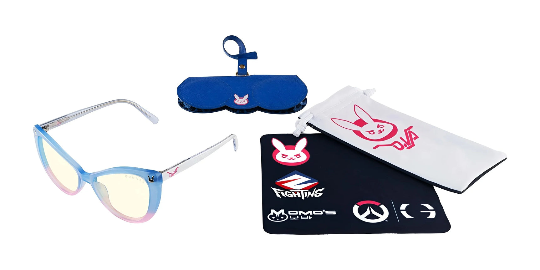 The Gunnar Overwatch DVa Tokki Edition Computer Glasses feature pastel frames, a blue case, cleaning cloth, and mat with a pink bunny logo and gaming icons. Perfect for Overwatch fans, they combine playful style with Gunnar technology for superior eye protection.
