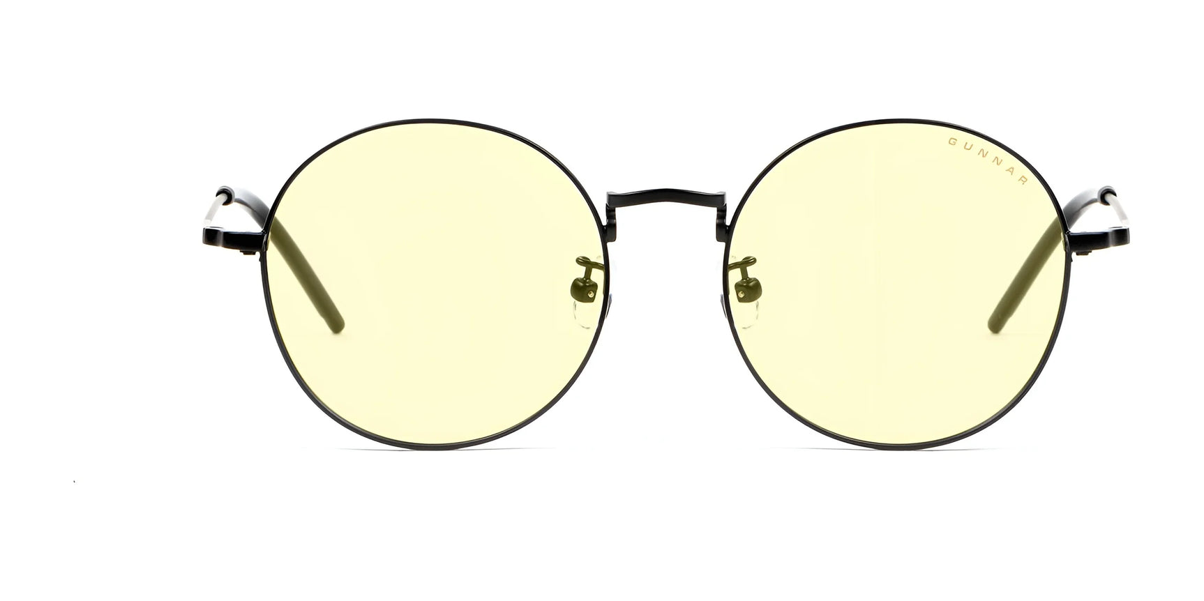 The Gunnar Ellipse Computer Glasses | Size 51 feature a stainless-steel frame with thin black lines, light yellow lenses, and an ELLIPSE blue light filter for comfort, elegantly displayed against a white background.