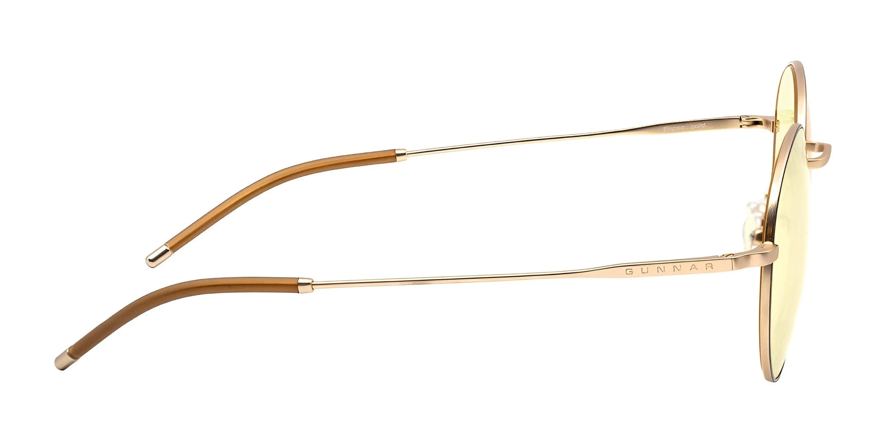 The Gunnar Ellipse Computer Glasses, Size 51, feature a side view of a bronze frame and yellow-tinted lenses in a sleek, minimalist design. Crafted from stainless steel, they stylishly blend durability with modern aesthetics.