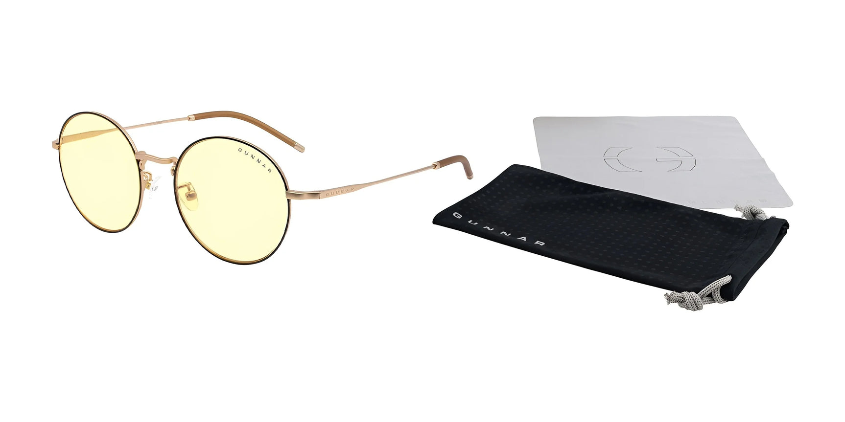 The Gunnar Ellipse Computer Glasses | Size 51 feature round, yellow-lensed glasses with a sleek stainless-steel frame, accompanied by a black pouch and gray cloth.