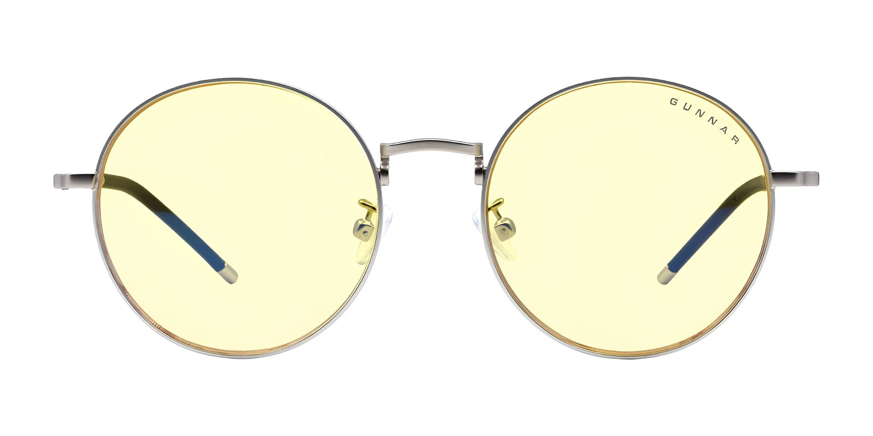 Gunnar Ellipse Computer Glasses | Size 51 feature round, stainless-steel frames with yellow-tinted lenses and "GUNNAR" on the upper right lens. Their design includes the ELLIPSE blue light filter for enhanced eye comfort during panoramic viewing.