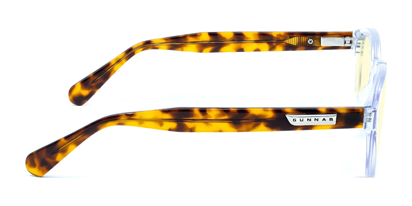 The Gunnar Emery Computer Glasses feature a tortoiseshell-pattern and premium frame design, with transparent front frames and anti-reflective lenses. The "GUNNAR" logo on the side adds a touch of style to these functional specs. Size: 47.