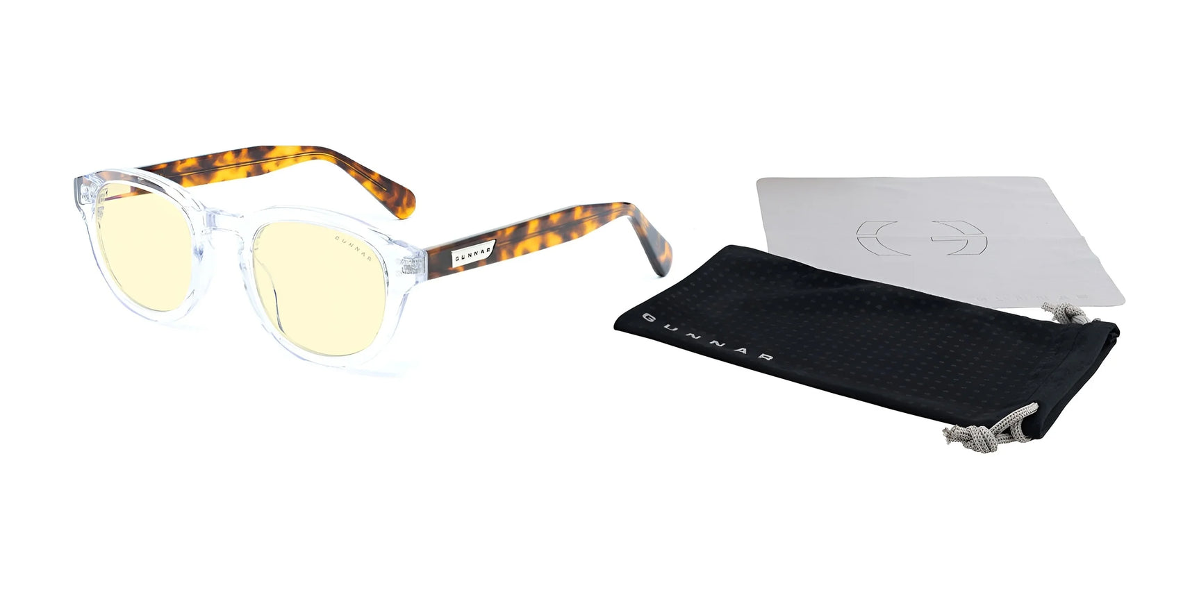 The Gunnar Emery Computer Glasses feature yellow-tinted, anti-reflective lenses and tortoiseshell arms. They come with a black pouch and cleaning cloth. The premium design of these size 47 clear glasses ensures both style and comfort.