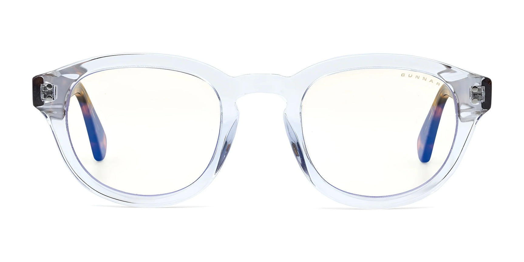 Front view of Gunnar Emery Computer Glasses, size 47, showcasing a premium frame with a slight yellow tint and blue temple tips.