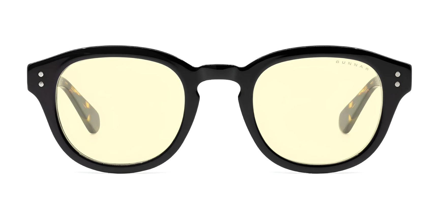 The Gunnar Emery Computer Glasses by Gunnar, size 47, feature a black premium frame design with yellow-tinted lenses and blue light blocking technology, displayed on a white background.