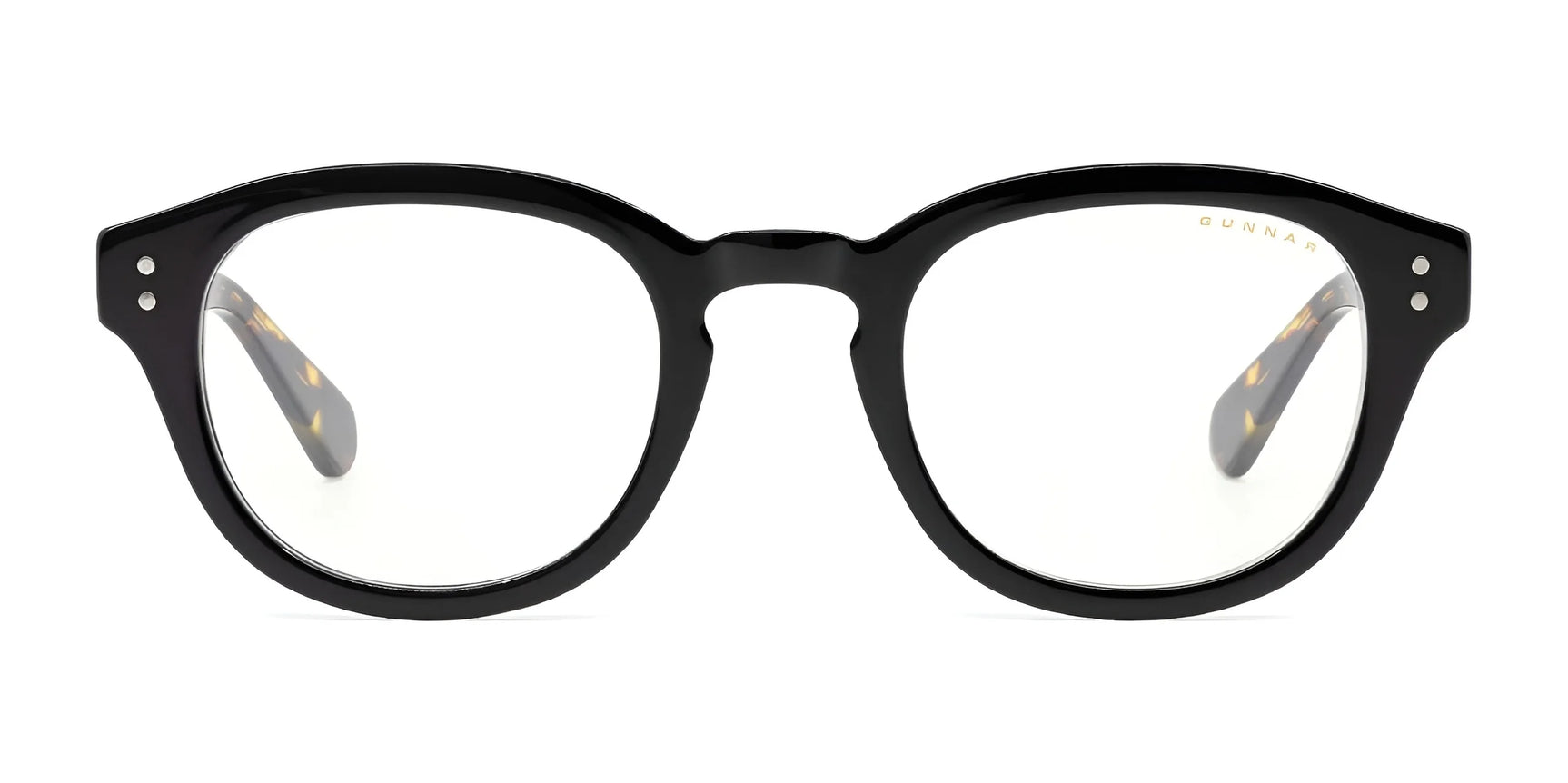 Elegant Gunnar Emery computer glasses, size 47, featuring a premium black round frame design and clear lenses with anti-reflective coating, displayed on a pristine white background.