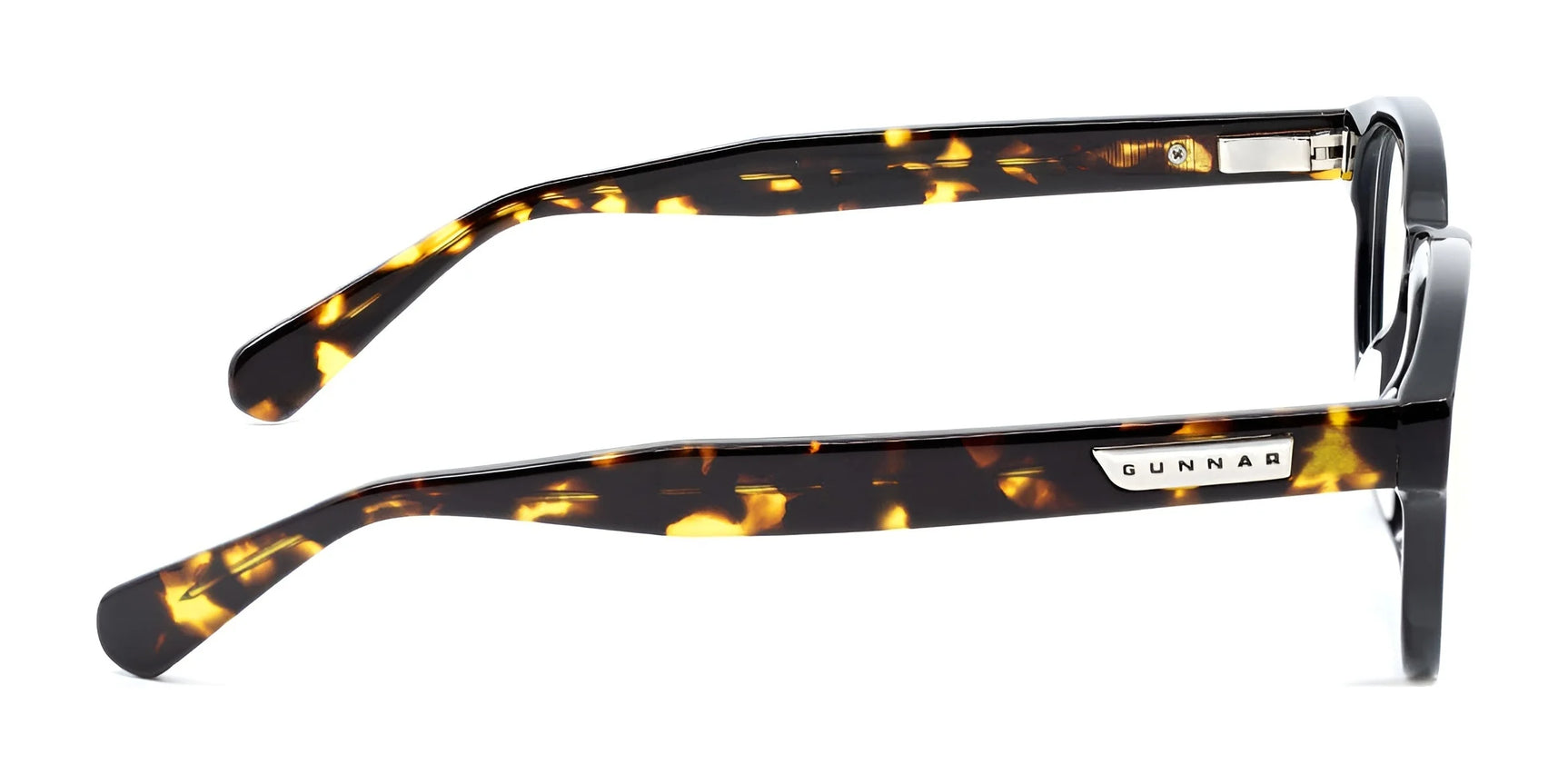 Side view of Gunnar Emery Computer Glasses (Size 47) with tortoiseshell frames and a silver Gunnar label on the temple arm, featuring a premium design and anti-reflective lens coating.