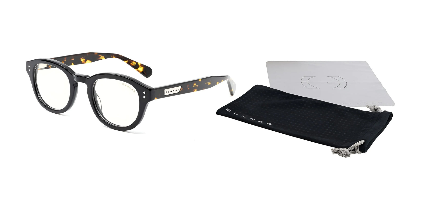 Gunnar Emery Computer Glasses, size 47, offer a premium black and tortoiseshell design and come with a pouch and cleaning cloth.