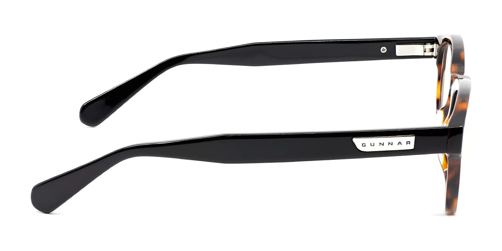 Side view of the Gunnar Emery Computer Glasses (Size 47) showcasing black arms with a silver "Gunnar" logo. The sleek, elegant design includes anti-reflective lens coating for enhanced clarity.