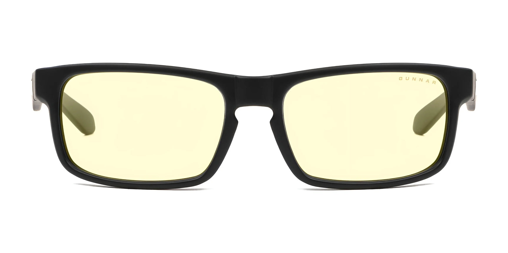 The Gunnar Enigma Computer Glasses, featuring yellow-tinted lenses and black frames, are displayed on a white background. These glasses incorporate Enigma Vision Gaming technology to enhance focus and comfort.