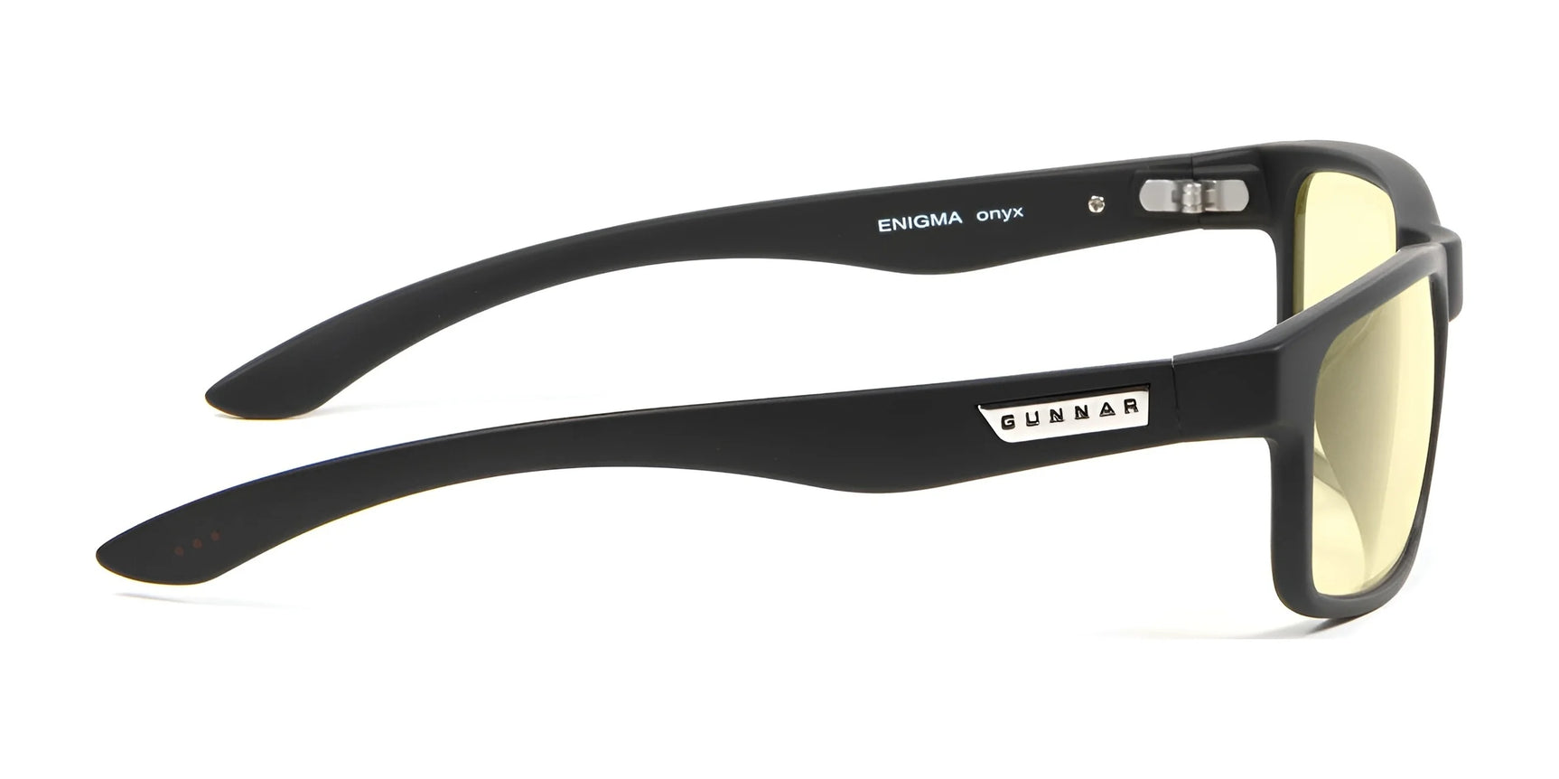 Side view of Gunnar Enigma Computer Glasses, size 58, in black with yellow-tinted lenses for blue light blocking and a logo on the temple.