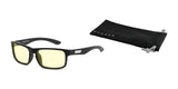 The Gunnar Enigma Computer Glasses | Size 58, with black rims and yellow lenses, sit next to a sleek black drawstring pouch.