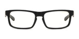 The Gunnar Enigma Computer Glasses, size 58, feature a black rectangular frame with clear lenses and are ideal for extended screen time.