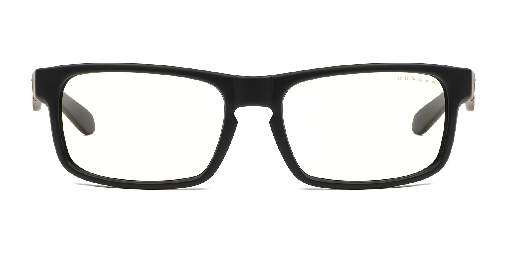 The Gunnar Enigma Computer Glasses, size 58, feature a black rectangular frame with clear lenses and are ideal for extended screen time.