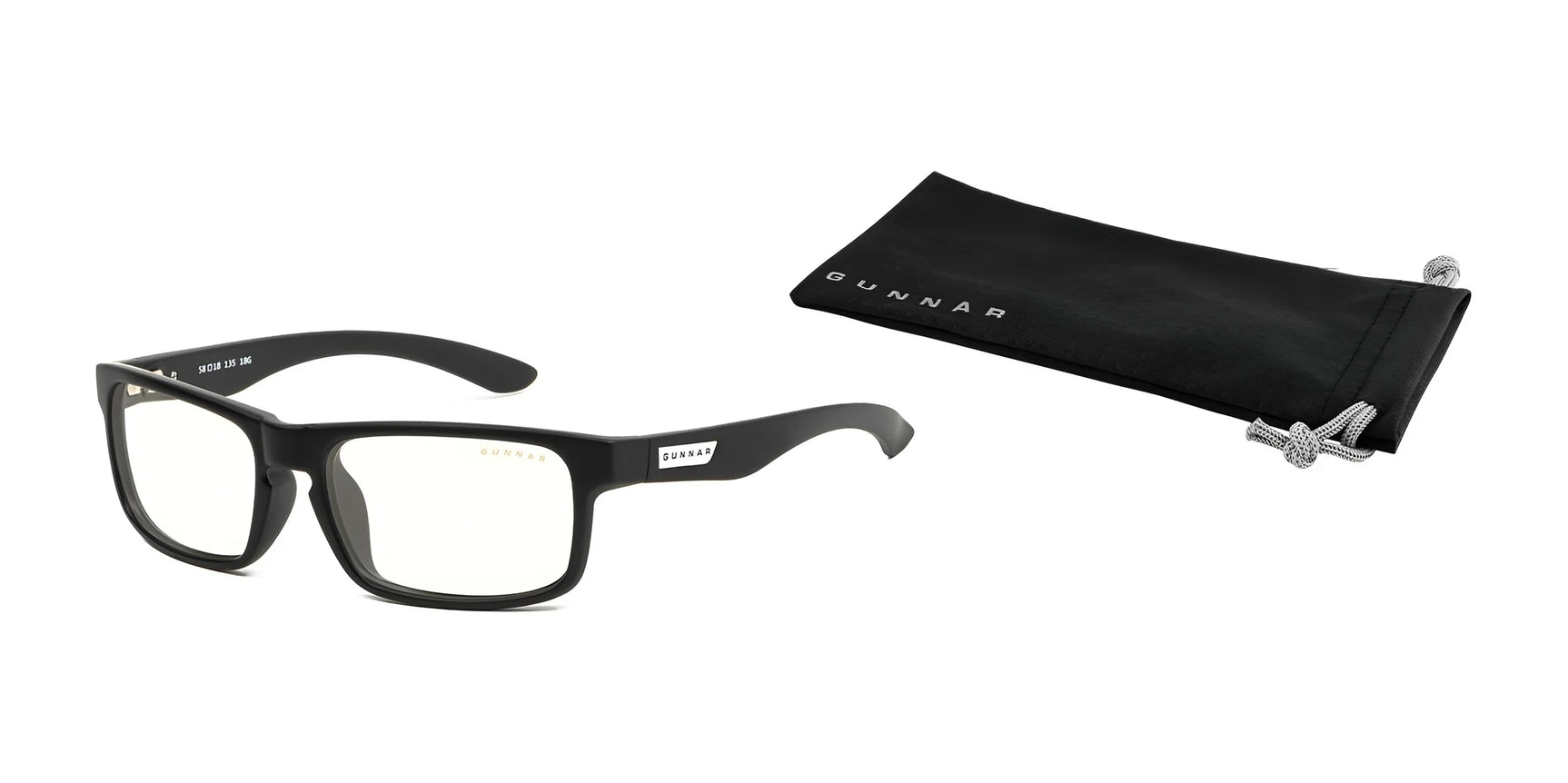 Sleek Gunnar Enigma Computer Glasses in black, size 58, with clear lenses for computer use and Enigma Vision Gaming tech. Includes a stylish branded pouch, ideal for long gaming sessions against a white background.