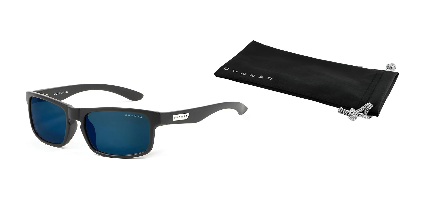 The Gunnar Enigma Sunglasses | Size 58 offer UVA/UVB protection with blue blocker lenses and come with a matching black pouch labeled "Gunnar," making them ideal for everyday use.