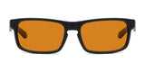 Gunnar Enigma Computer Glasses, size 58, feature black frames with orange-tinted lenses against a white backdrop—ideal for gaming or blocking blue light during extended computer use.