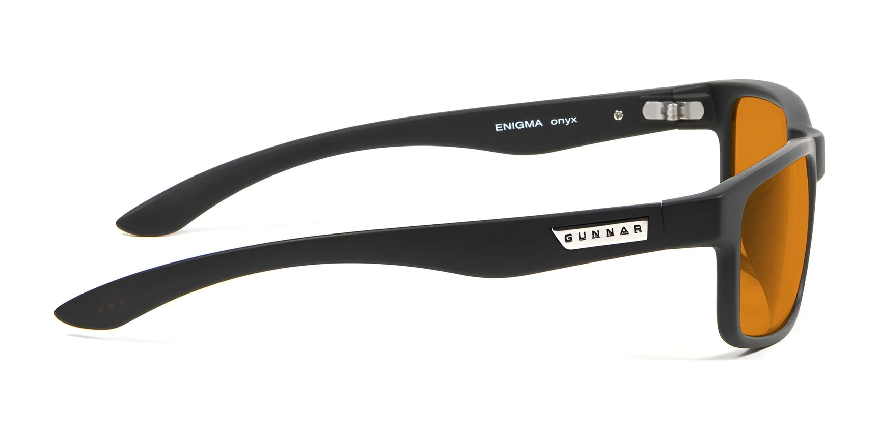 The Gunnar Enigma Computer Glasses in size 58 are black wraparound sunglasses with amber lenses and "ENIGMA onyx" branding. They feature advanced blue light blocking technology for eye protection, making them ideal for long gaming sessions.