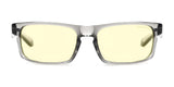 Gunnar Enigma Computer Glasses, Size 58, feature transparent frames with yellow-tinted lenses. Perfect for gaming enthusiasts and computer users, these glasses block blue light to reduce eye strain.