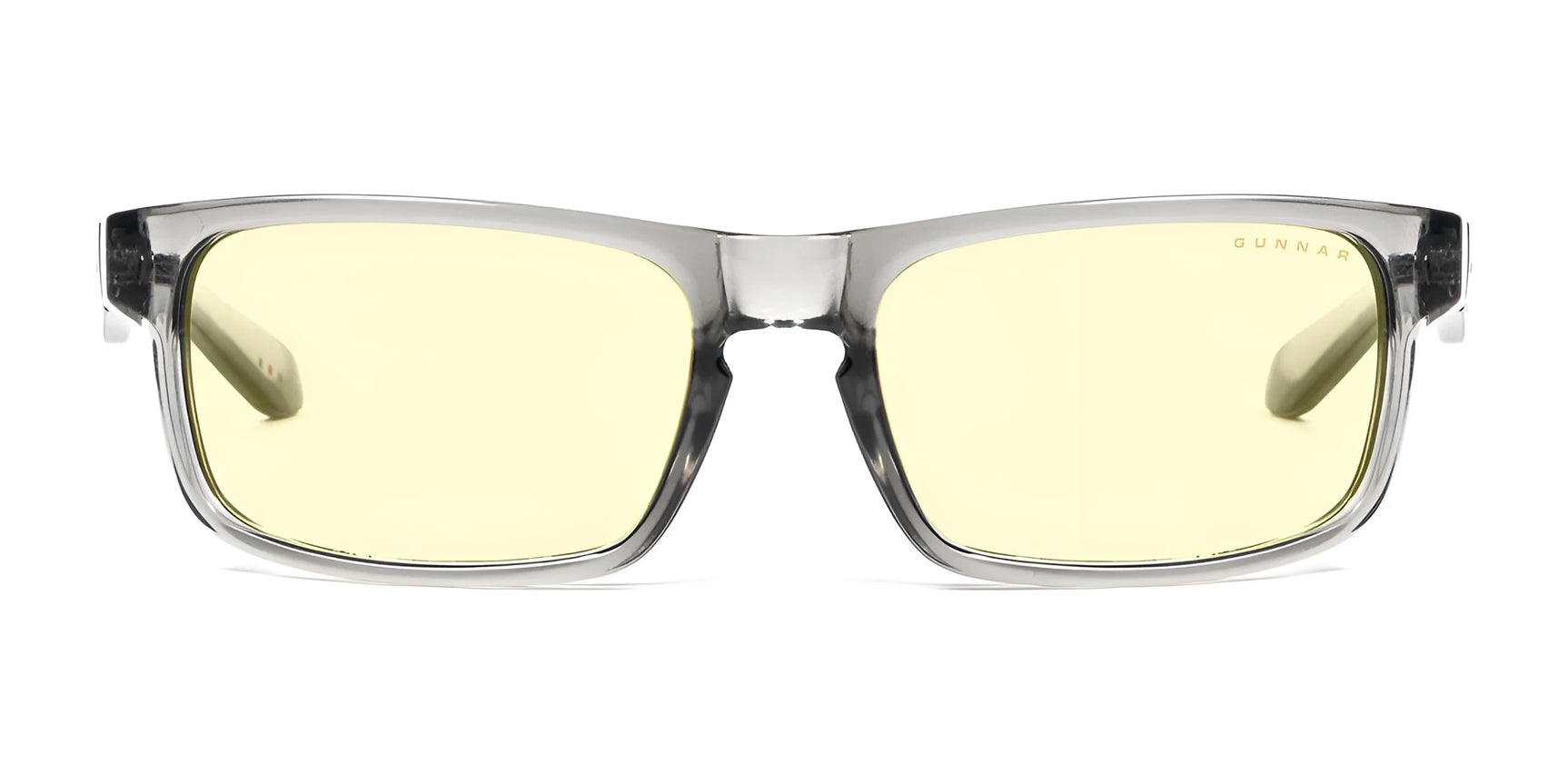 Gunnar Enigma Computer Glasses, Size 58, feature transparent frames with yellow-tinted lenses. Perfect for gaming enthusiasts and computer users, these glasses block blue light to reduce eye strain.