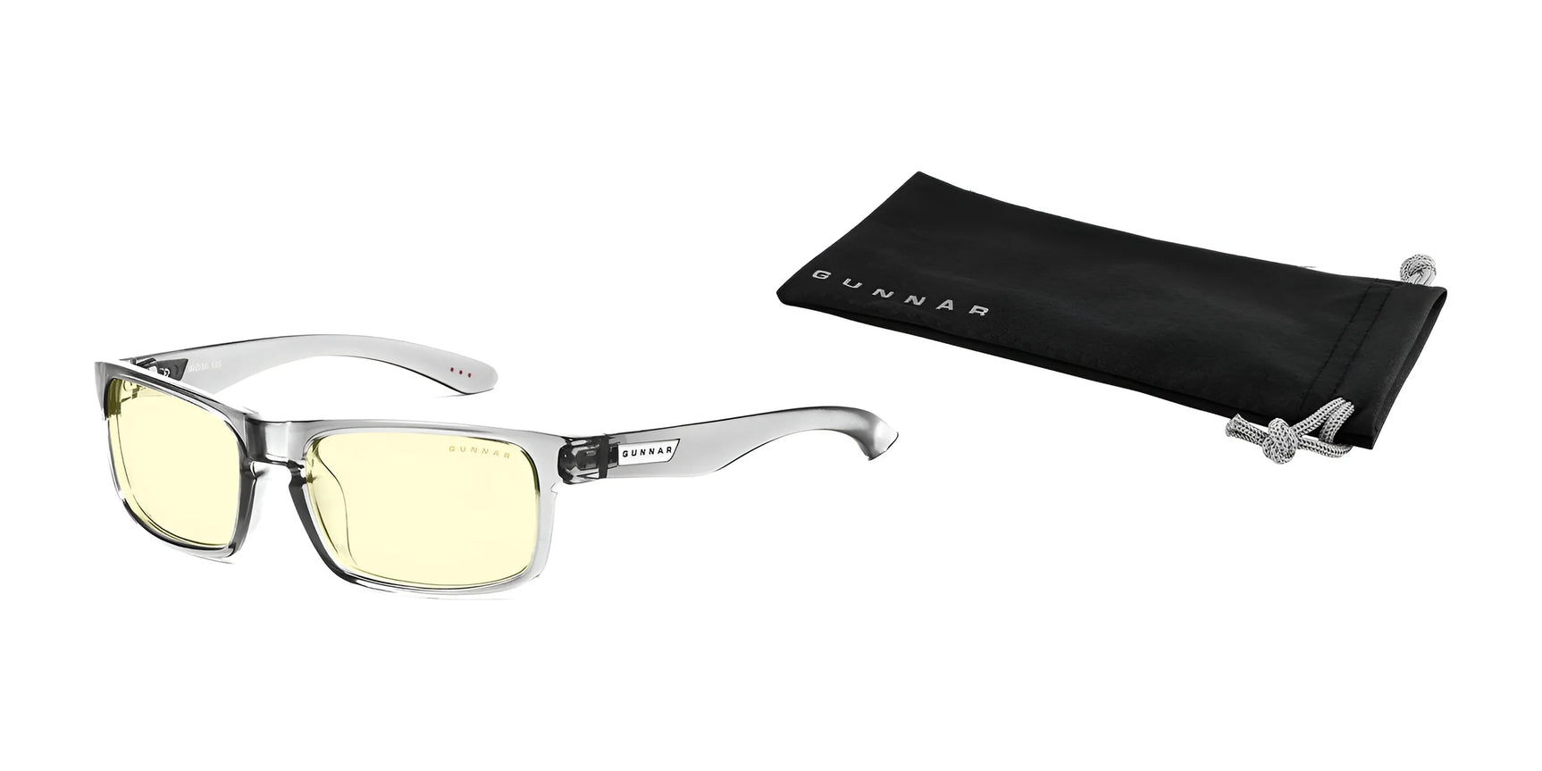 Gunnar Enigma Computer Glasses in size 58, featuring clear frames and yellow lenses for blue light blocking, come with a chic black carrying pouch, set against a pristine white background.