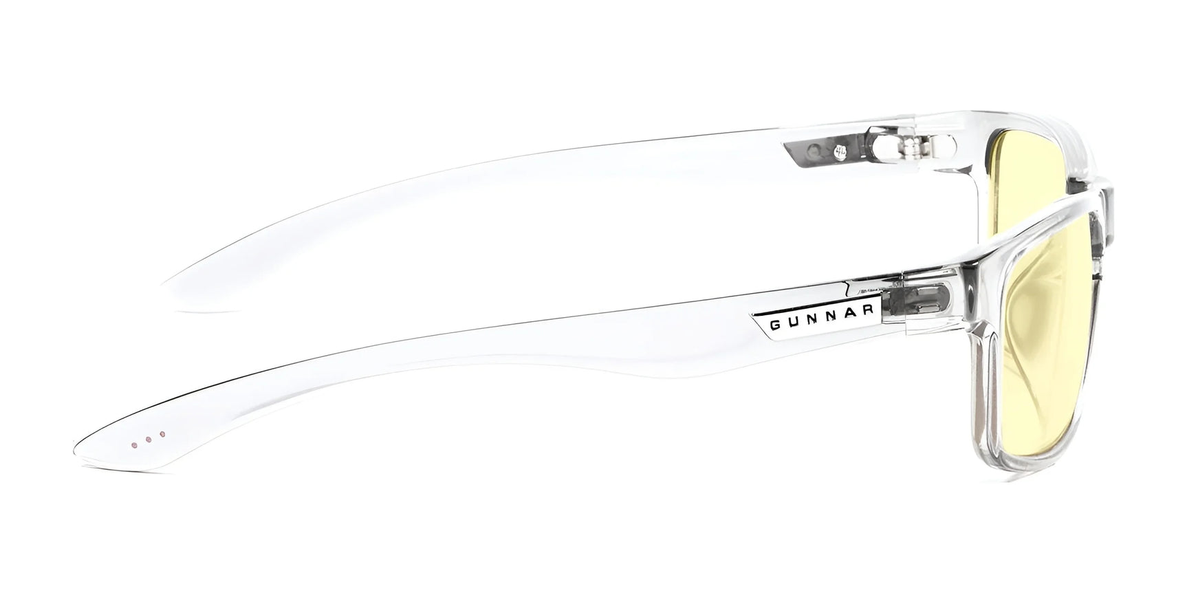 Gunnar Enigma Computer Glasses, size 58, feature clear frames and yellow-tinted lenses to reduce digital eye strain. With "GUNNAR" on the side, these spectacles enhance your Vision Gaming experience by blocking blue light.