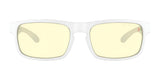 Gunnar Enigma Rainbow Edition Computer Glasses, size 58, feature a white frame and yellow-tinted lenses made from durable nylon. They offer style, blue light protection for screen use, and are prescription ready.