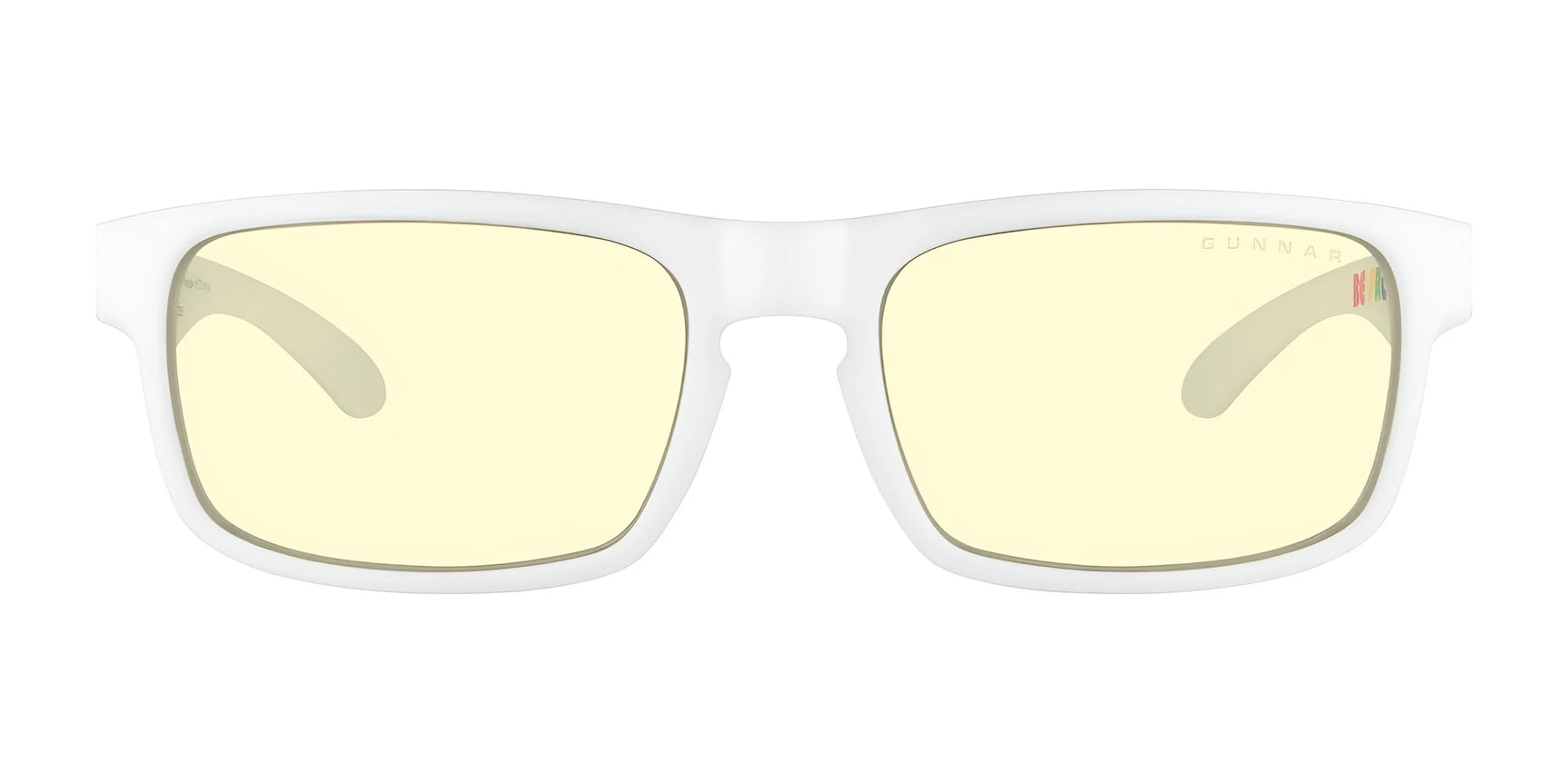 Gunnar Enigma Rainbow Edition Computer Glasses, size 58, feature a white frame and yellow-tinted lenses made from durable nylon. They offer style, blue light protection for screen use, and are prescription ready.