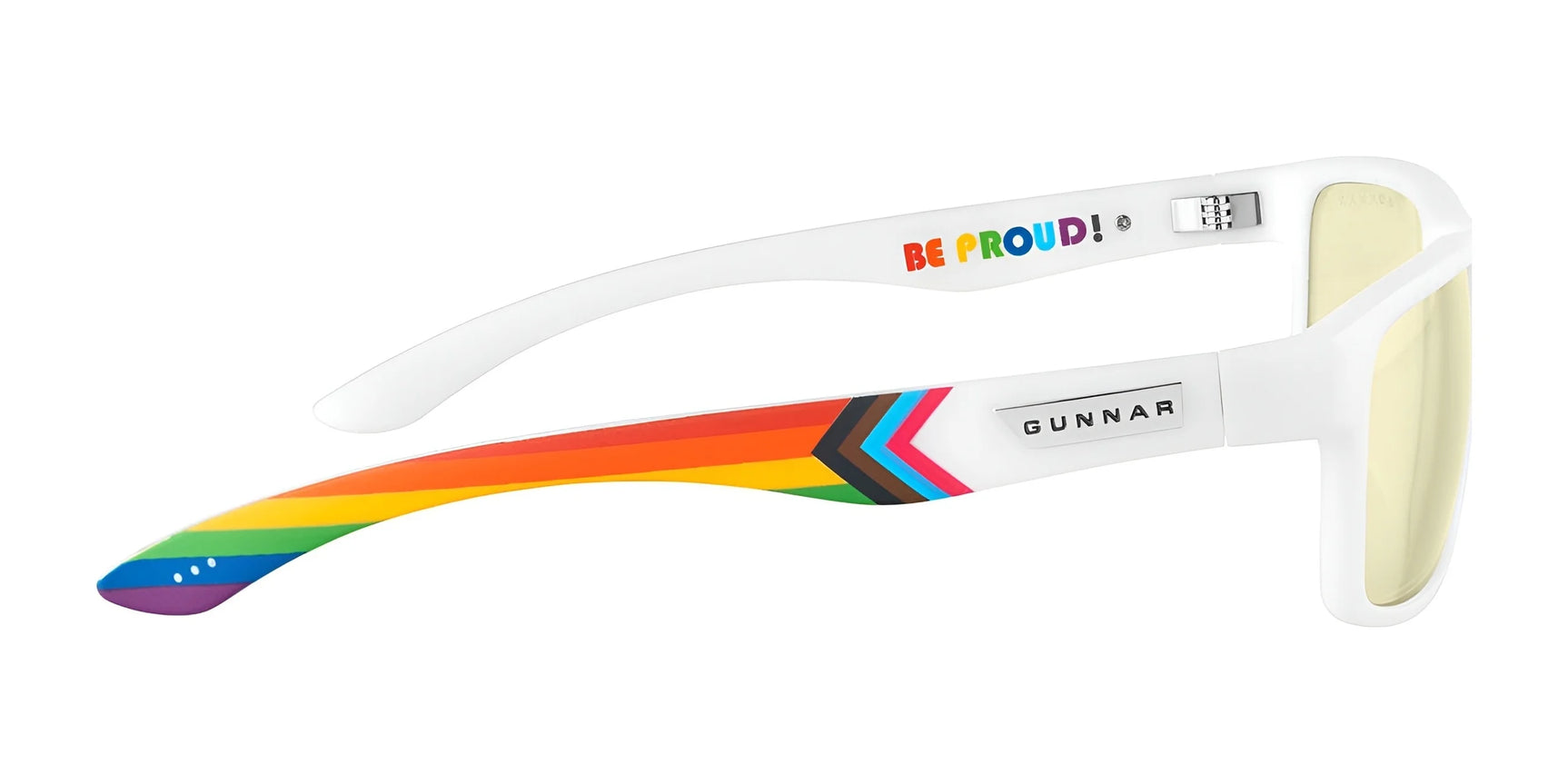 Gunnar Enigma Rainbow Edition Computer Glasses feature a durable white nylon frame with rainbow and "BE PROUD!" text on the arms. They offer blue light protection, are prescription ready, branded by Gunnar, and come in size 58.