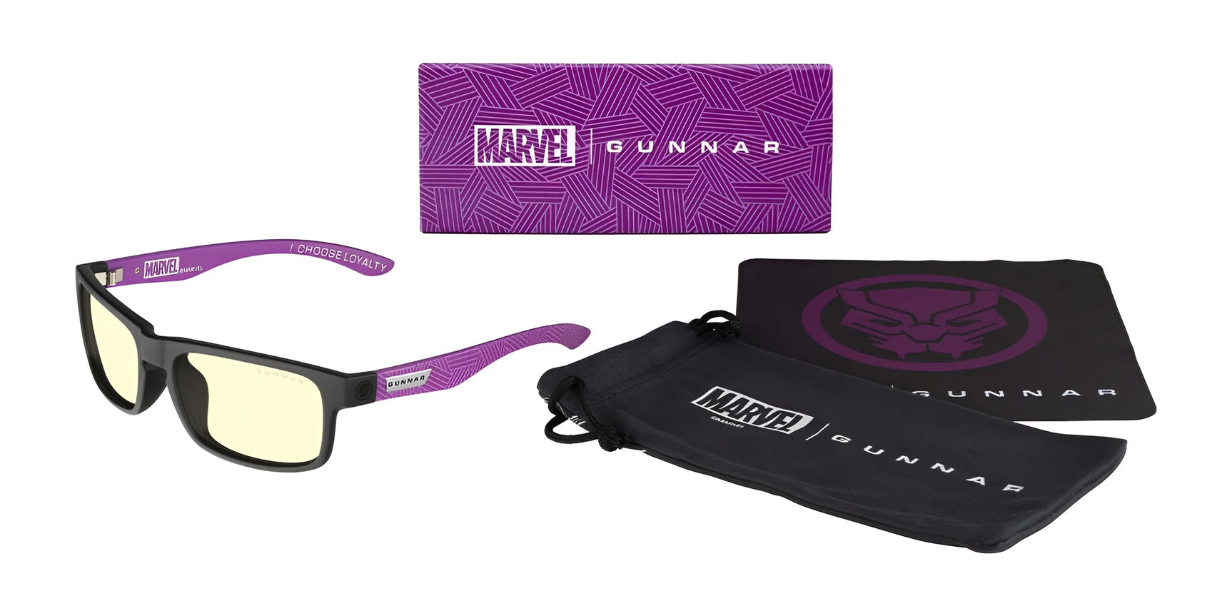 The Gunnar Enigma Black Panther Edition Computer Glasses, size 58, feature purple detailing and Marvel branding. They come with a pouch, cleaning cloth, and patterned box. Enjoy Gunnar's patented lens technology for enhanced blue light protection in style.