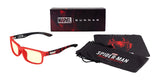 The Gunnar Enigma Spider-Man Miles Morales Edition Computer Glasses feature red lenses, come with a Marvel-themed case and pouch decorated with the Spidey logo, and have durable nylon frames offering blue light protection for fans prioritizing style and function.