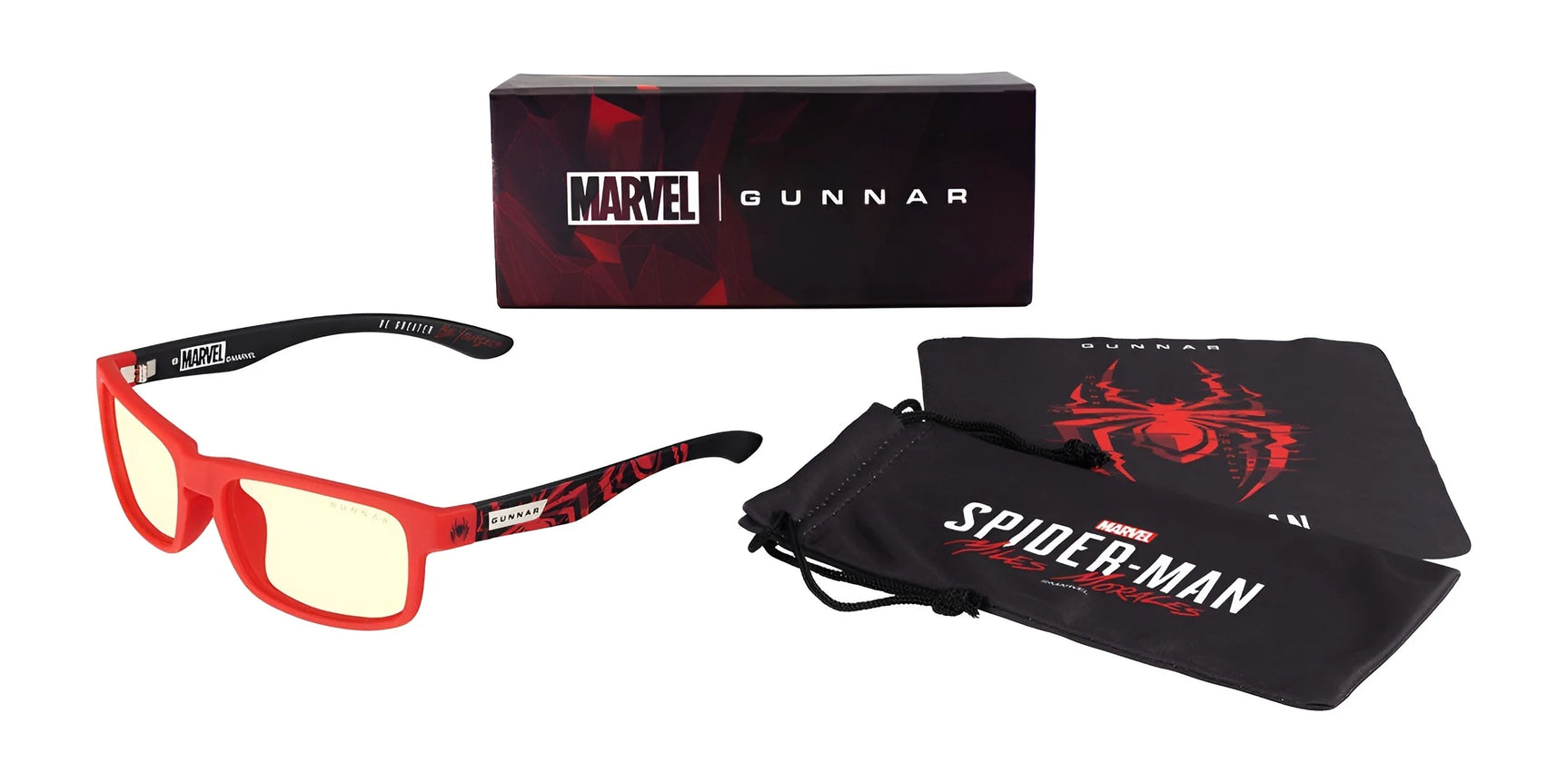 The Gunnar Enigma Spider-Man Miles Morales Edition Computer Glasses feature red lenses, come with a Marvel-themed case and pouch decorated with the Spidey logo, and have durable nylon frames offering blue light protection for fans prioritizing style and function.