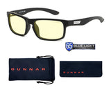 Gunnar Enigma Computer Glasses in black, size 58, featuring yellow lenses and blue light blocking technology for a high-resolution field of view. Comes with a branded case and pouch.