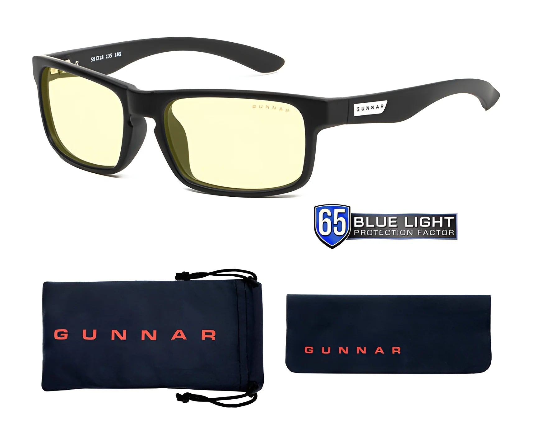 Gunnar Enigma Computer Glasses in black, size 58, featuring yellow lenses and blue light blocking technology for a high-resolution field of view. Comes with a branded case and pouch.