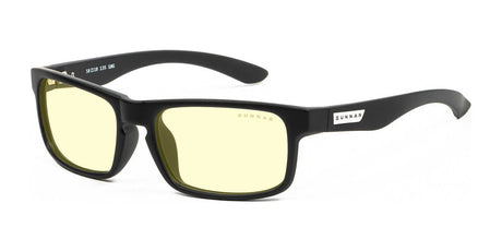 The Gunnar Enigma Computer Glasses in Onyx, featuring black frames with yellow-tinted lenses and the "Gunnar" brand mark on the temples, offer a high-resolution field of view and effective blue light blocking.