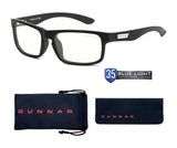 Gunnar Enigma Computer Glasses in Black, Size 58, featuring a high-resolution field of view, protective case and pouch, along with a "35 Blue Light Protection Factor" badge.