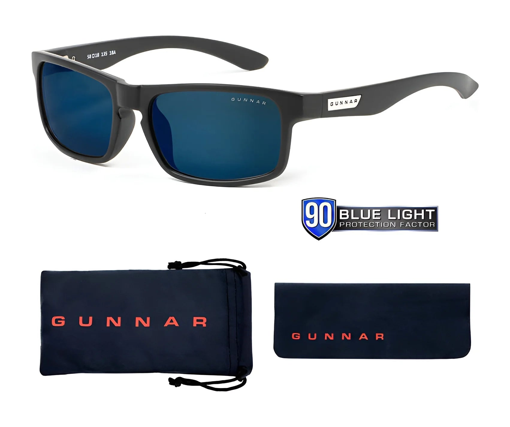 Gunnar Enigma Computer Glasses | Size 58 with blue light blocking blue lenses, accompanied by a branded pouch and microfiber cloth for cleaning.