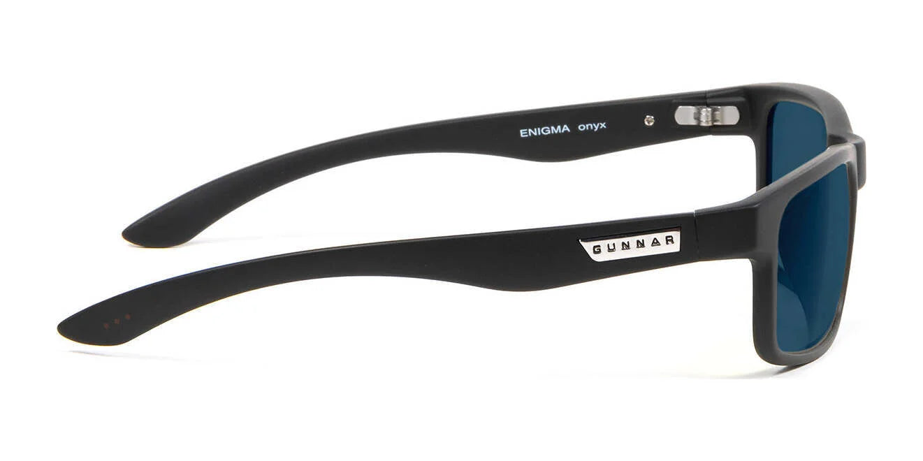 Side view of black Gunnar Enigma Computer Glasses (Size 58) with blue-tinted lenses and a silver Gunnar brand label on the arm, offering a high-resolution field of view for optimal clarity.