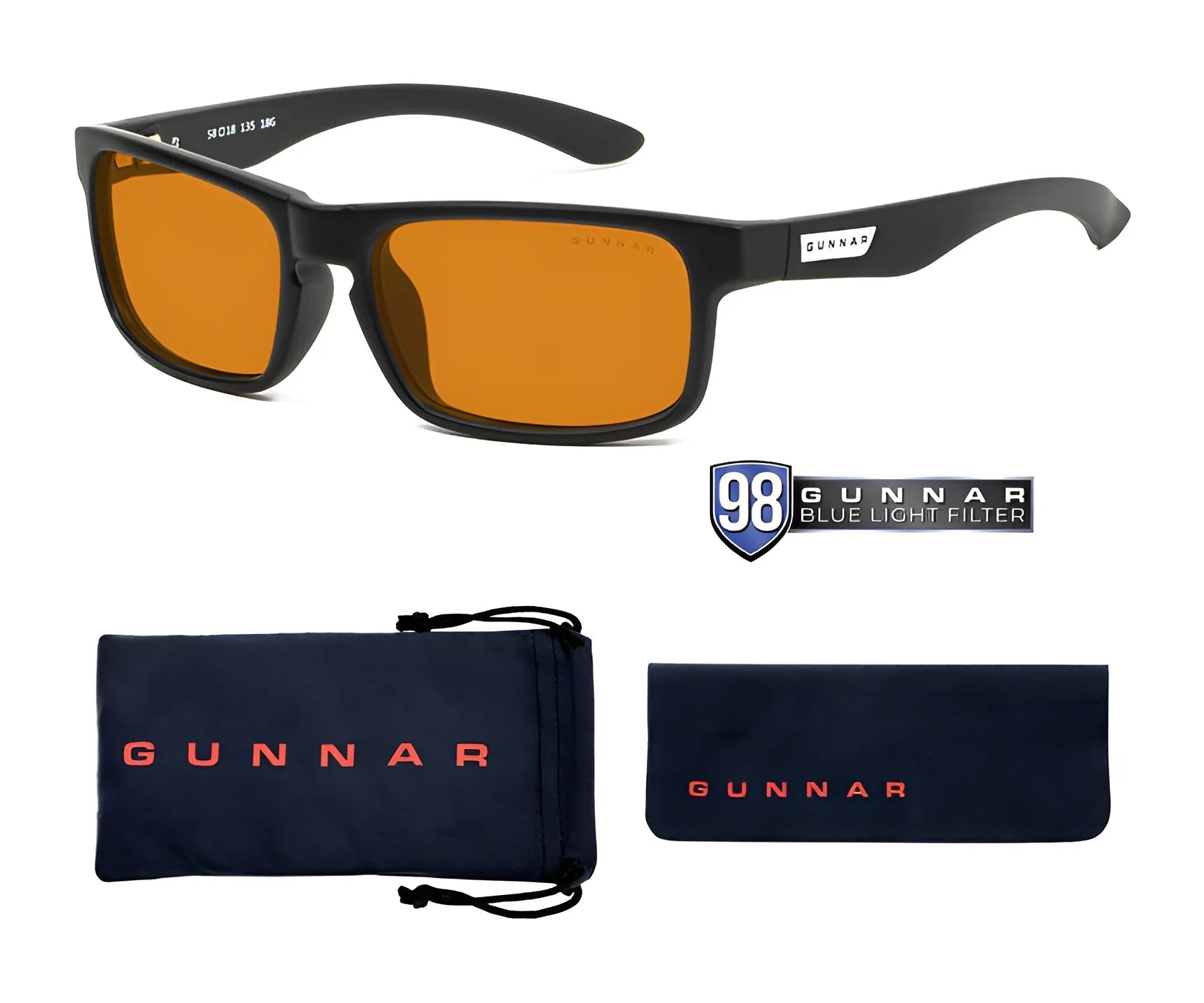 Description: Gunnar Enigma Computer Glasses | Size 58 from Gunnar, featuring black frames with orange lenses. Includes a carrying pouch, cleaning cloth, and a blue light filter label for a high-resolution field of view.