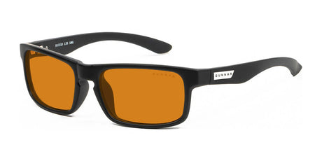 Black-framed rectangular glasses with amber-tinted lenses, featuring the brand "Gunnar" on the temple. These Gunnar Enigma Computer Glasses in Size 58 and Onyx color offer a high-resolution field of view and blue light blocking technology for enhanced comfort and clarity.