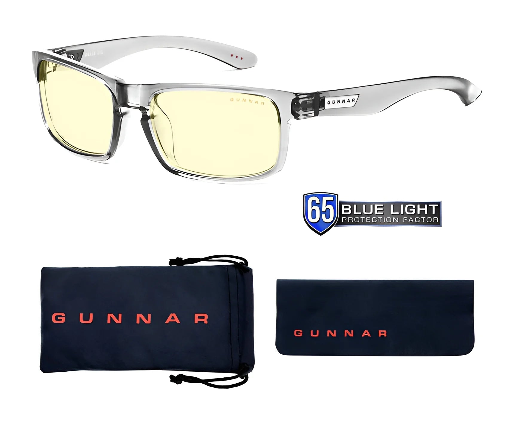 Gunnar Enigma Computer Glasses, size 58, feature transparent frames with yellow lenses and come with a GUNNAR branded pouch and cleaning cloth. Boasting a "65 Blue Light Protection Factor" logo, they provide a high-resolution field of view while effectively blocking blue light.