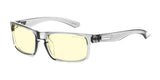 Clear-framed glasses with yellow-tinted lenses, branded with "Gunnar" on the temple. These Gunnar Enigma Computer Glasses in Gray Crystal offer a high-resolution field of view while effectively blocking blue light for optimal eye protection.