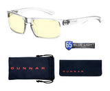 The Gunnar Enigma Computer Glasses | Size 58 feature yellow lenses with a "65 Blue Light Protection Factor" emblem, making them ideal for Enigma vision gaming enthusiasts. They come with two black pouches adorned with red "GUNNAR" text to ensure your high-resolution field of view remains protected.