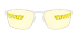 Gunnar ESL Blade Lite Computer Glasses, Size 55: Yellow-tinted lenses with a white frame and geometric yellow-green temple design, featuring blue light-blocking technology to combat digital eye strain.