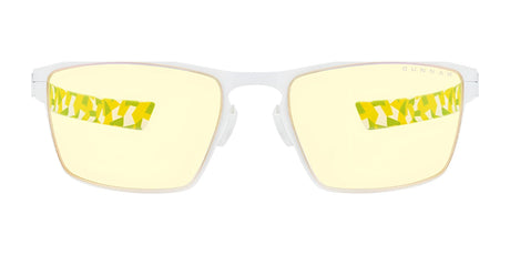 Gunnar ESL Blade Lite Computer Glasses, Size 55: Yellow-tinted lenses with a white frame and geometric yellow-green temple design, featuring blue light-blocking technology to combat digital eye strain.