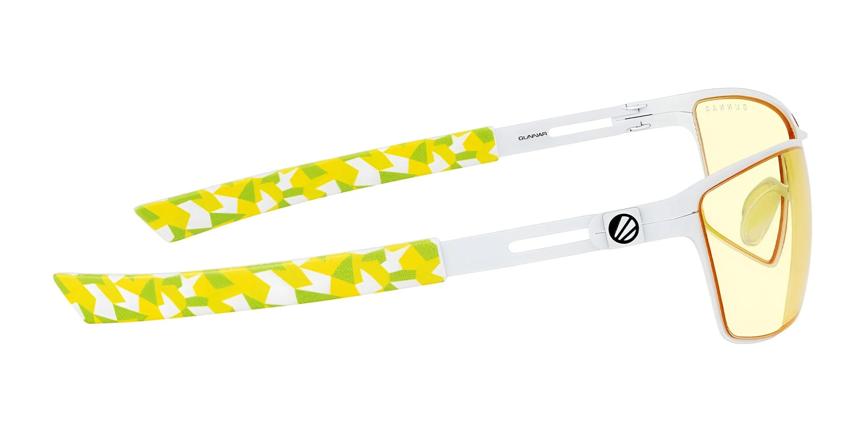 Side view of Gunnar ESL Blade Lite Computer Glasses, showcasing yellow lenses and geometric yellow-green patterned arms, featuring amber lens technology to minimize digital eye strain.