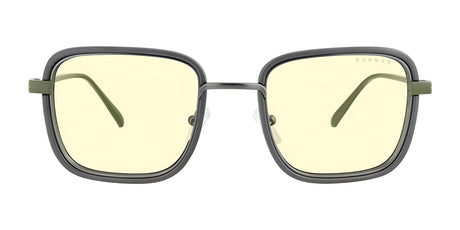 The Gunnar Fallout Vault 33 Computer Glasses, in black square frames with yellow-tinted lenses, offer a retro-futuristic look. These blue light blocking eyeglasses by Gunnar are stylishly presented on a white background.