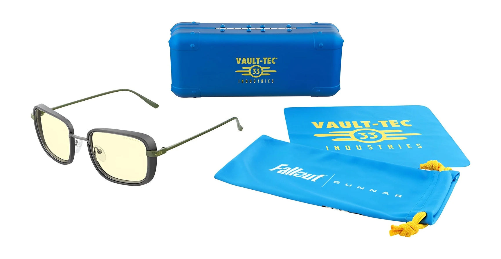 Experience retro-futuristic style with Gunnar Fallout Vault 33 Computer Glasses, featuring a yellow tint and iconic branding. These size 52 glasses come in a Vault-Tec box with a cloth, adding blue light blocking benefits for fans who value both style and eye protection.